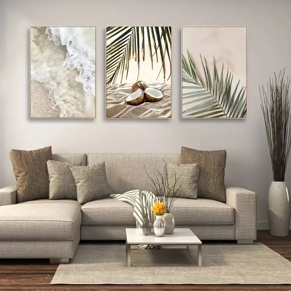 3pcs Artistic Sea View White Waves Beach Palm Leaves Coconut Canvas Painting Frameless Landscape Painting Poster Living Room Home Mural