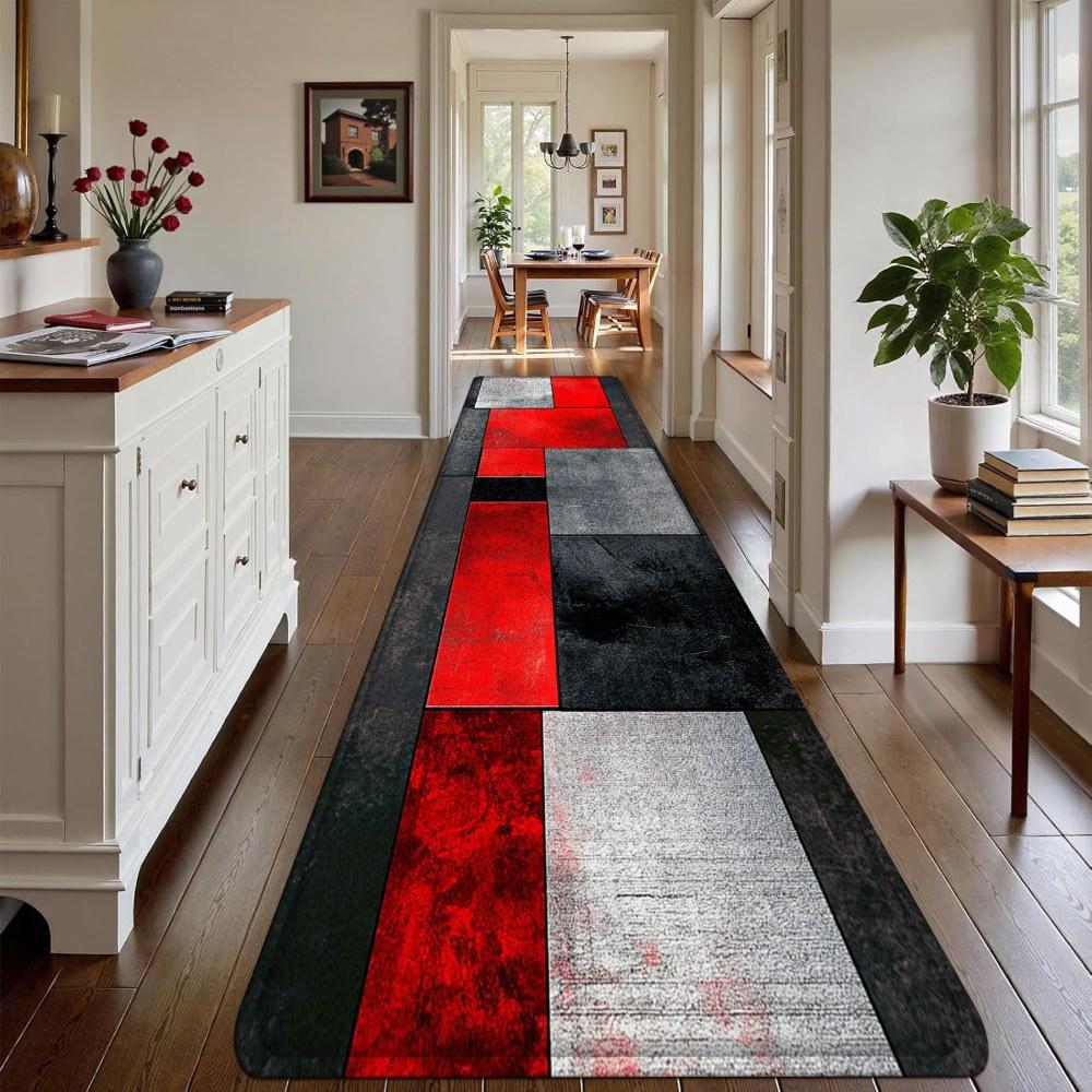 1PC， Red Black Gray Geometric Splicing Patterned strip rugs, home décor, bathroom mats, entryway mats, bathroom non-slip mats, indoor entrance rugs, bedroom bedside mats, kitchen mats, hallway rugs, flannel sponge rugs, hallway runner rugs