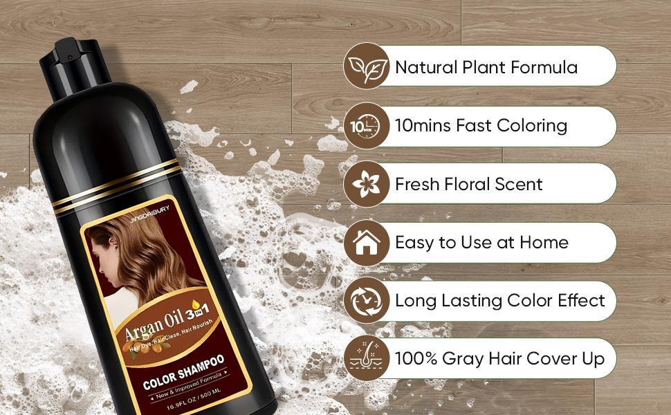 3-in-1 Argan Oil Hair Dye Shampoo for Gray Hair Coverage, Instant Dark Brown Hair Color Shampoo for Women & Men, Long-Lasting Semi-Permanent Dye, Easy to Use, Champu Para Canas, 500ml / 16.9 Fl Oz
