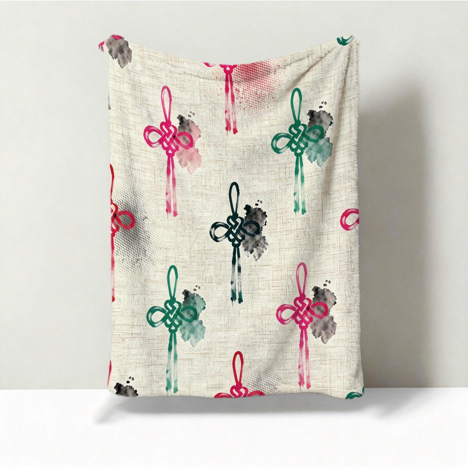 1 Piece Chinese Knot Watercolor Single-Sided Print Flannel Blanket, HD Digital Single-Sided Printed Ultra Soft Plush Blanket, Warm and Cozy Multipurpose Blanket for Sofa, Bed and Travel, Ideal All-Season Gift Blanket