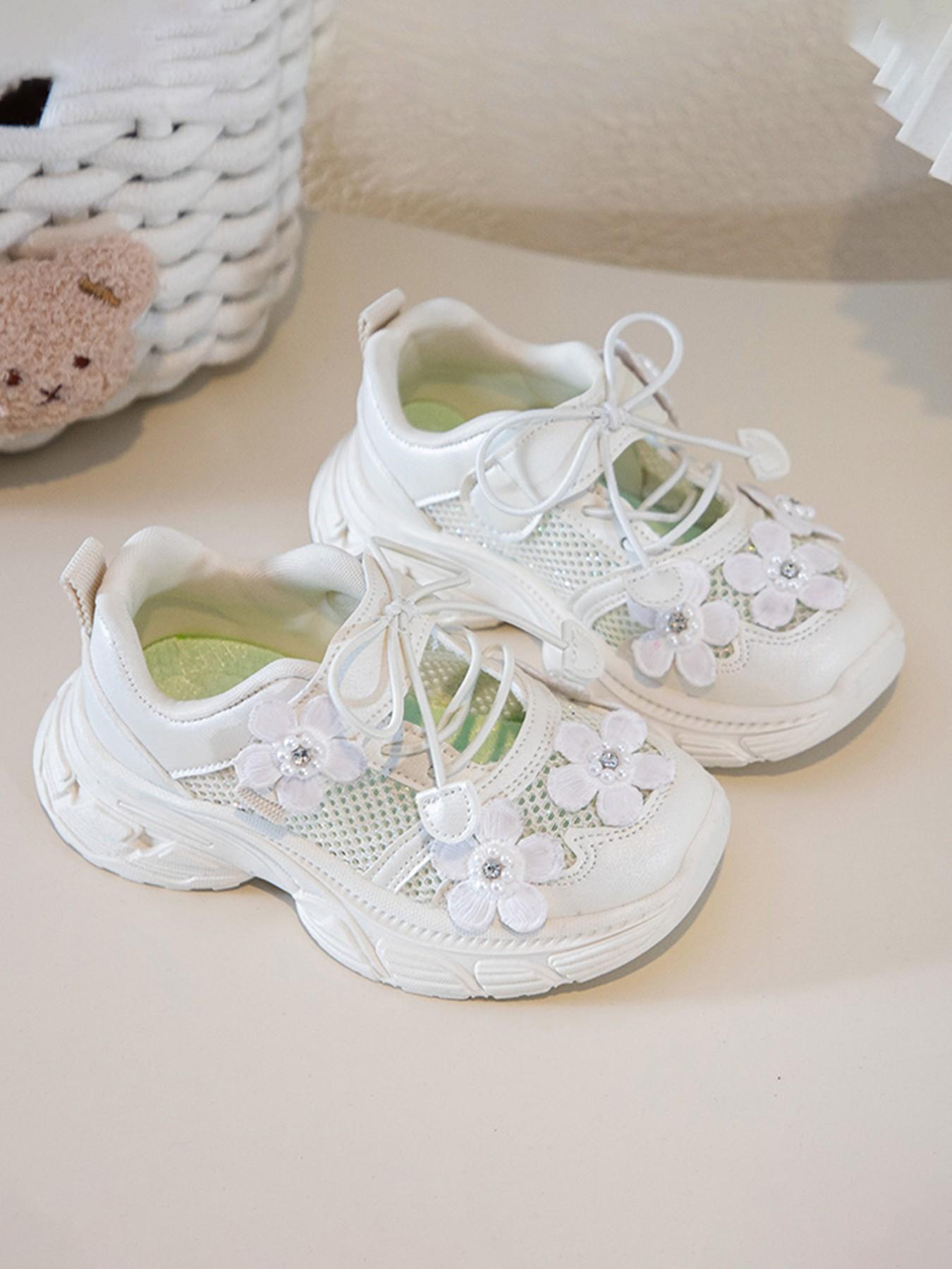 Girls' Floral Mesh Running Shoes, Breathable Anti-Slip Thick Sole, Cute Princess Style, Ages 2-12, Comfortable Kids Sports Shoes