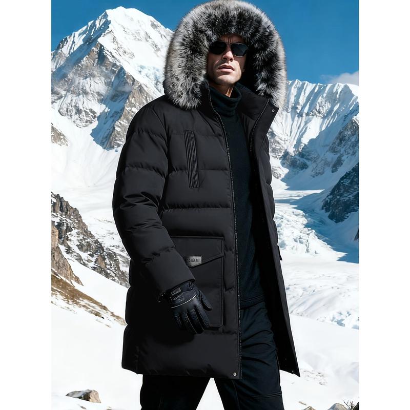 Men’s Checkered Polyester Mix Warm Padded Mid-Length Winter Parka - Hooded Coat with Faux Fur Trim, Multi Pockets, Windproof Thick Outerwear for Snow Trips, Cold Weather Daily Wear