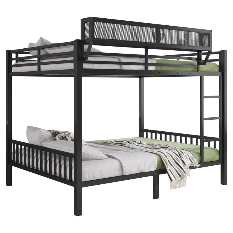 Queen Over Queen Bunk Beds Frame for Adults, Metal Bunk Bed Queen Size with Storage Shelf, Heavy-Duty Bunk Bed Frame with Ladder and Slats Support ,Space-Saving, Noise Reduced, Black