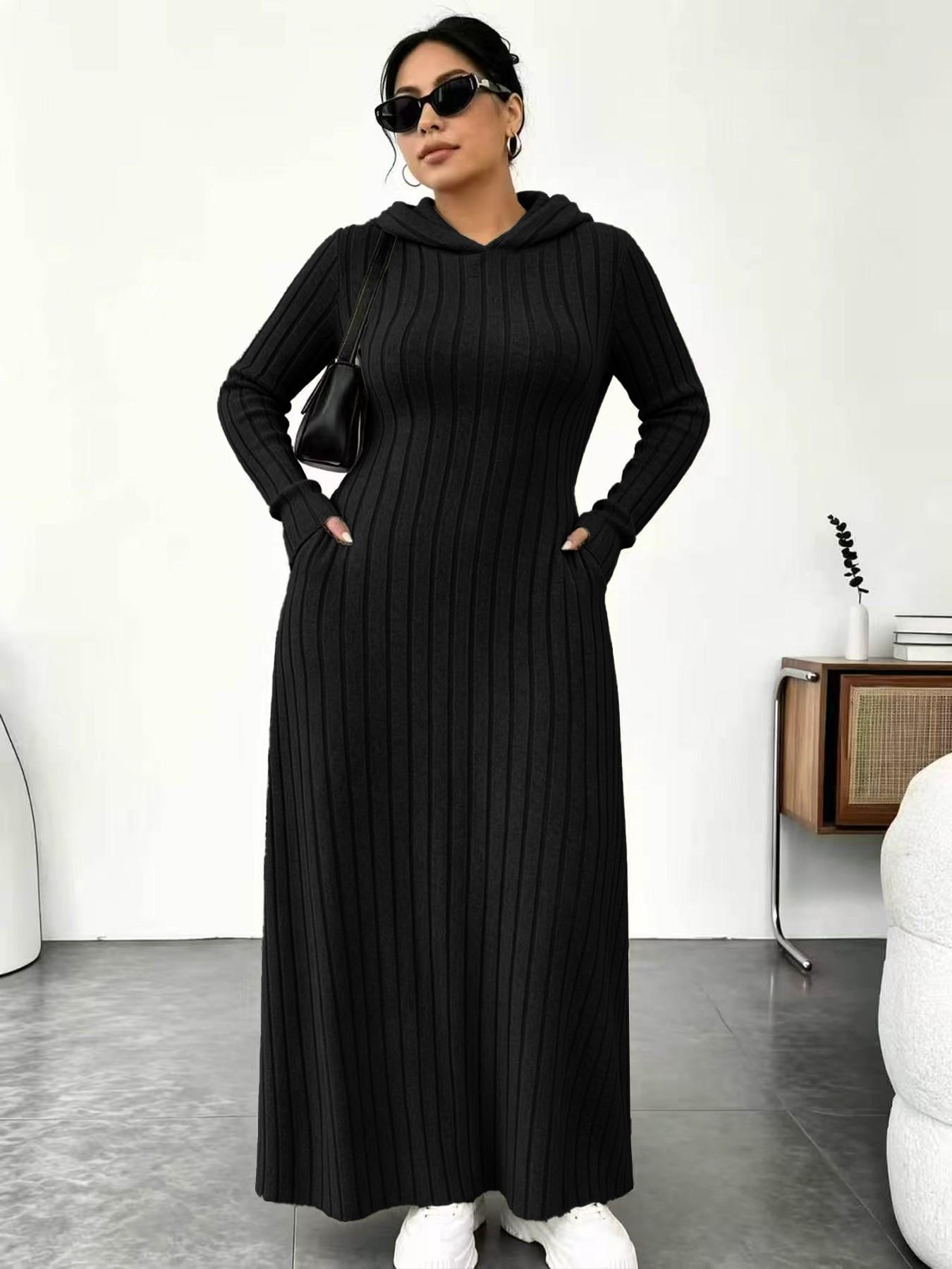 Plus Size Women's Long Knit Dress, 11 Colors Available, Slim Fit with Pockets, Micro Plus Size Slimming Hooded Top, Long Sleeve Base Layer