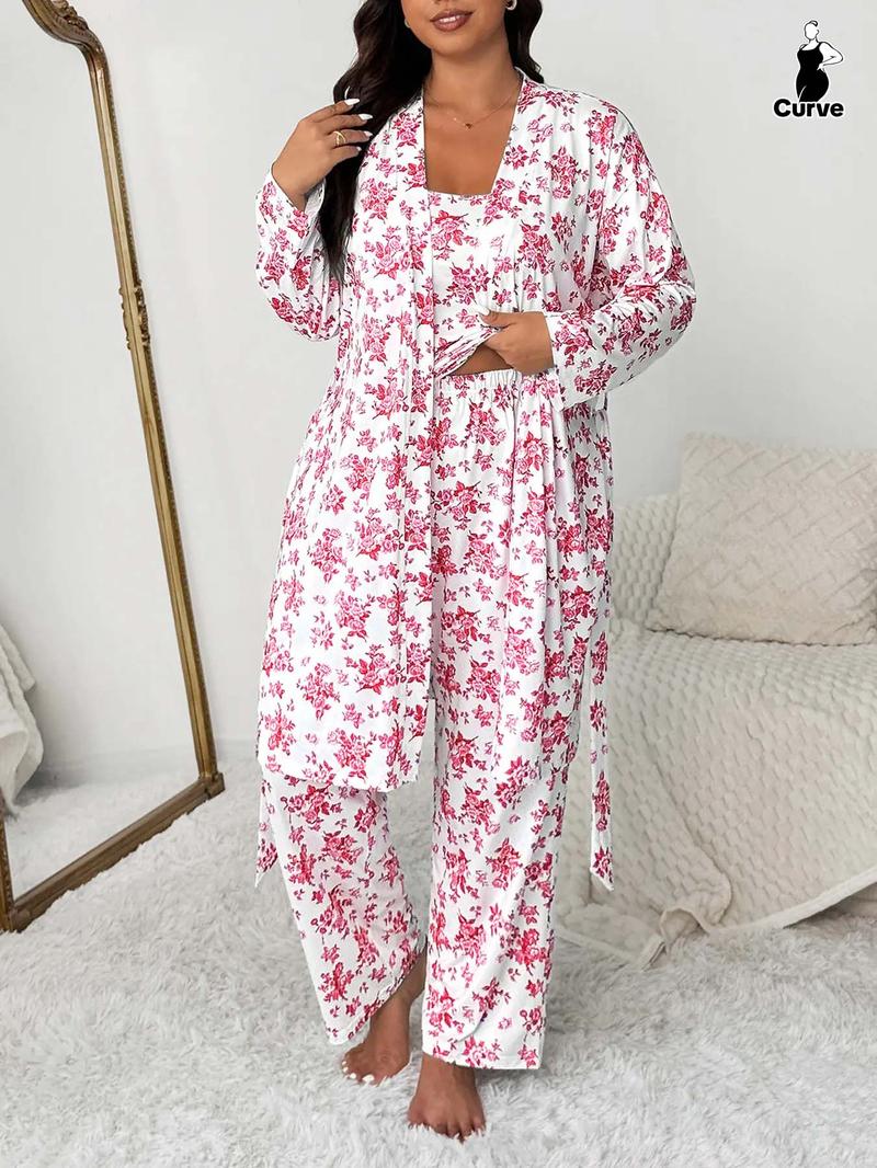 Plus Size Floral Print Robe Set for Women, Elegant Comfortable Sleepwear, Sleeveless Top & Long Pants, Spring & Fall Home Wear, Pajama Set