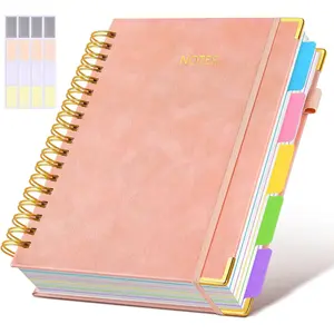 Hardcover Spiral Notebook Journal with Removable Dividers Tabs, 300 Pages Leather 5 Subject Notebook College Ruled, 8"x10" Large B5 Notebooks for Work School Note taking, Lined Journal for Women, Pink