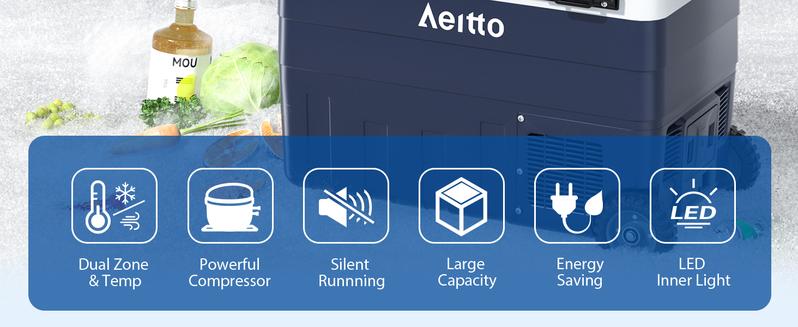 Aeitto 12 Volt Car Refrigerator, 52QT(50L) Dual Zone Portable Car Fridge Freezer -4℉-68℉ Electric Cooler Dual Temp Control Cooling Freezing 12/24V DC & 100-240V AC for Travel, Camping, RV, Road, Home