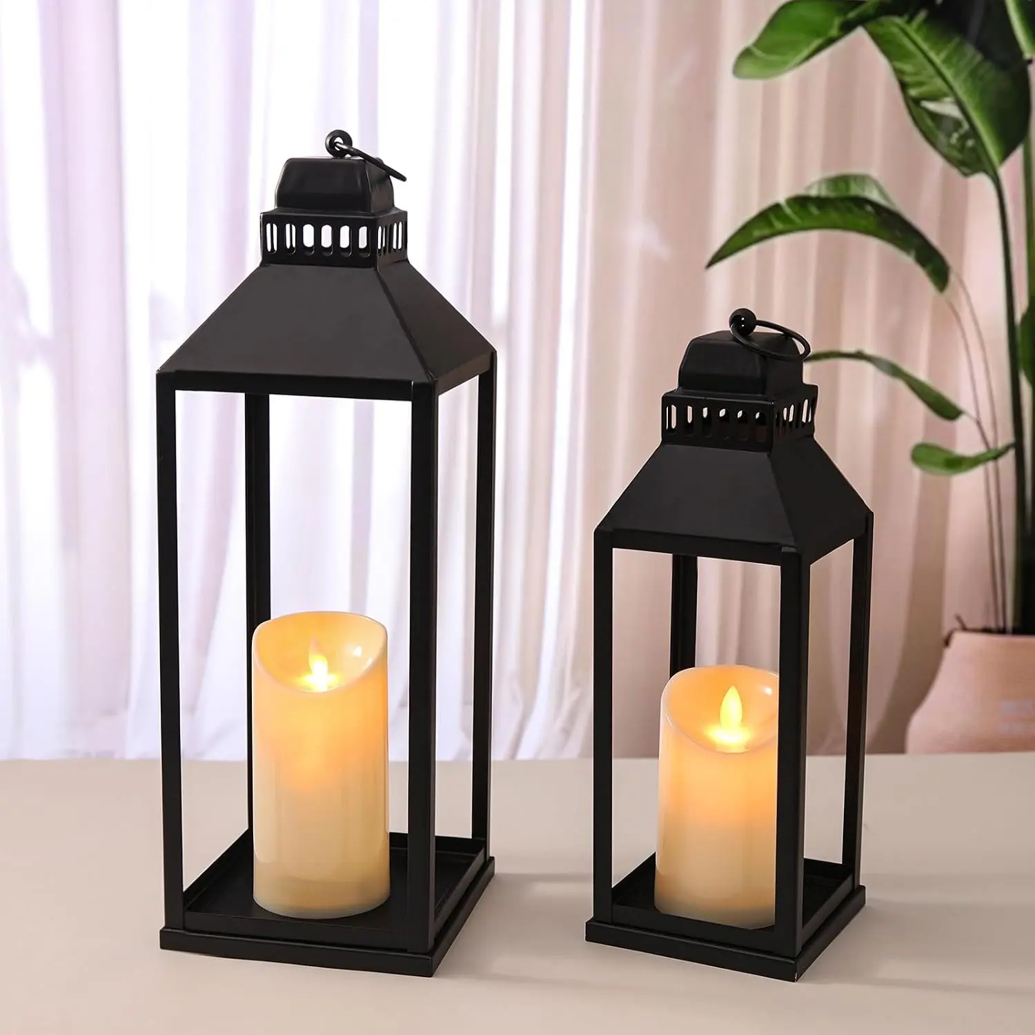 2-Piece Black Metal Decorative Lantern Set with Light, 17in-13in No-Glass Lanterns with Candles, Timer Remote Control for Covered Porch, Fireplace Mantel, Room Decor, Farmhouse Home Supplies Gift