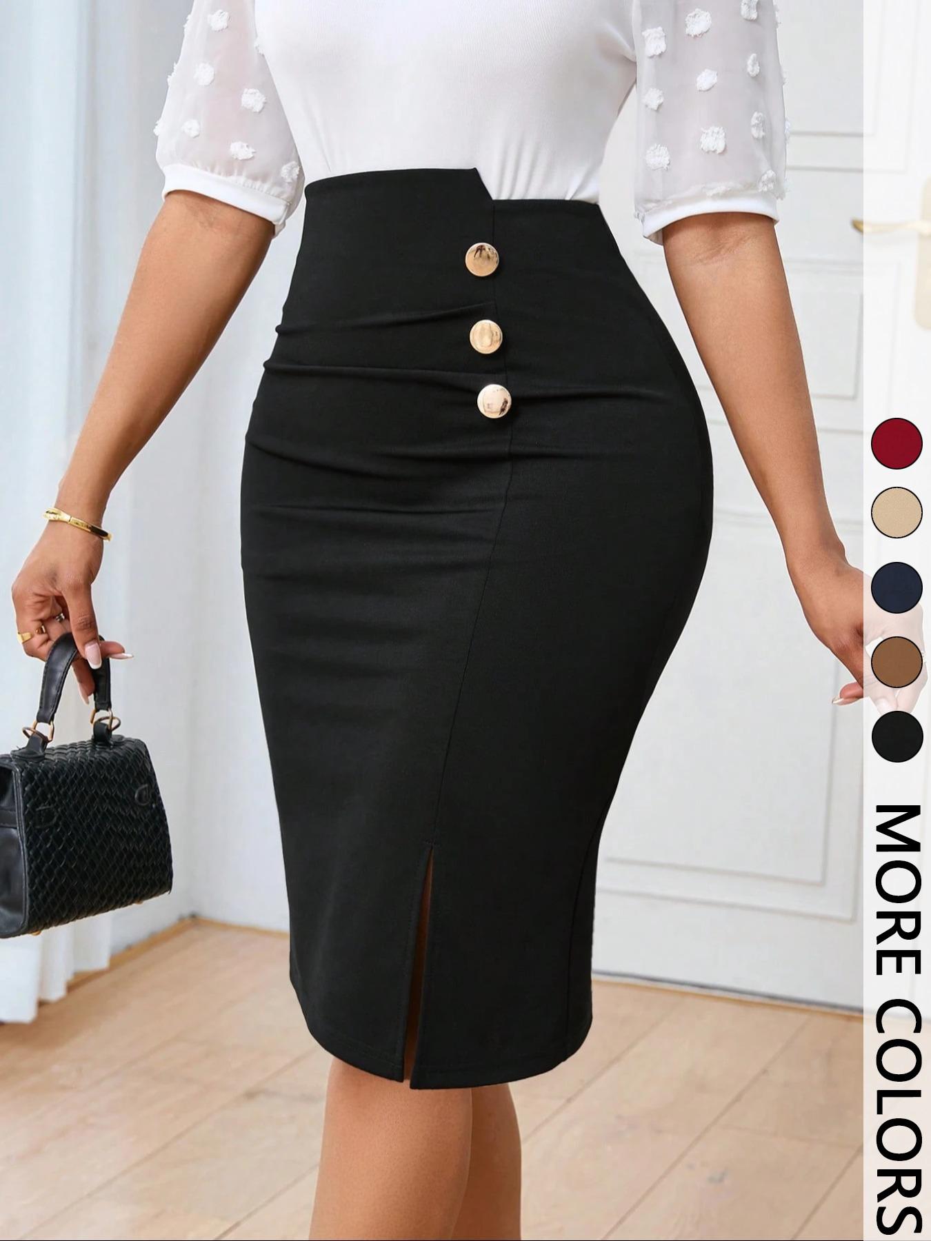 Women's Commuting Minimalist Solid Color A-line Skirt Button Front Pencil Skirt, Asymmetrical Button Suitable for All-season Fashion Skirt
