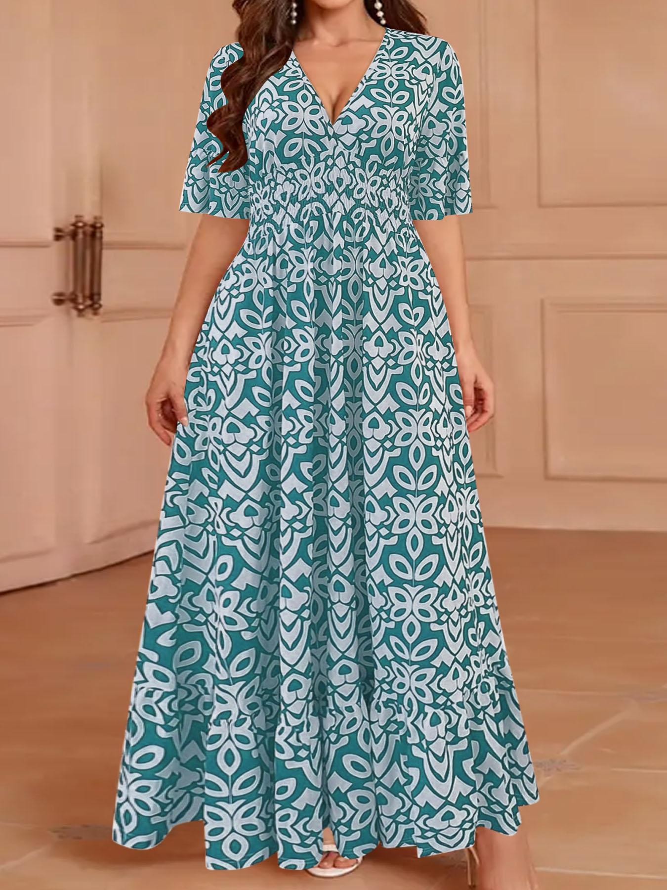 Plus Size Vintage Totem Print Dress, Half Sleeve Design, Curvy Slimming Vacation Dress