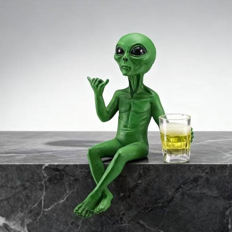 Alien Beer Drinking Statue, Fun Outer Space Decor, Alien Figurine with Beer Mug, Desk or Shelf Display, Sci-Fi Fan Gift
