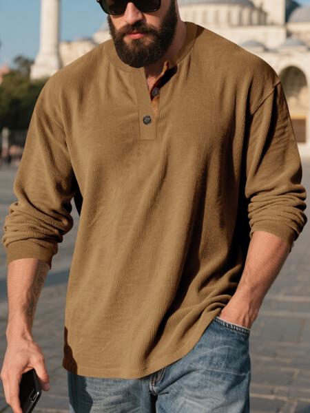Men's Corduroy Long Sleeve Henley Shirt, Vintage Casual Loose Fit Top, Soft Comfortable Fabric for Spring & Fall Fashion