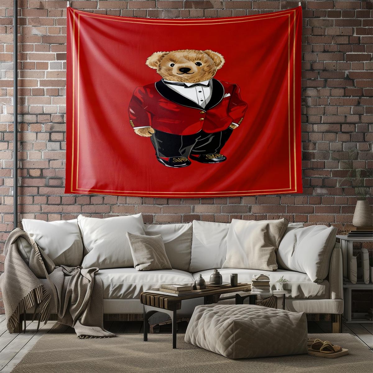 Vintage American Polo Bear Tapestry, Red Gentleman Bear Multi-Style, Wrinkle-Resistant, Wall Hanging Decor for Living Room Bedroom Backdrop