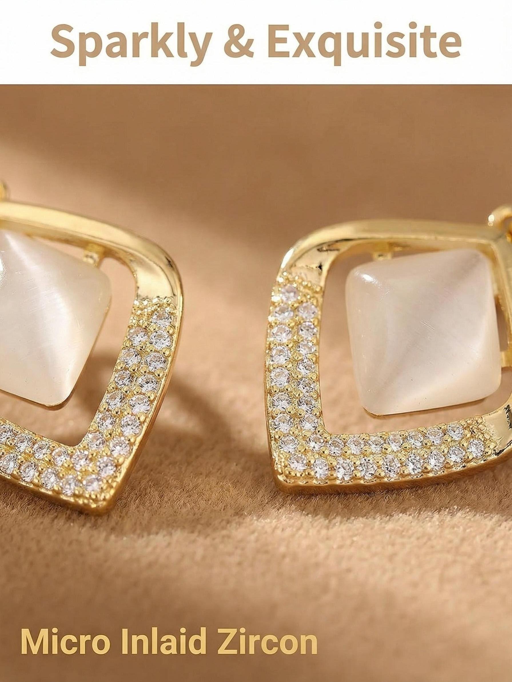 Geometric Rhombus Cat Eye Stone Zircon Earrings, Lightweight Luxury Commuter Jewelry, Versatile Ear Cuffs for All Occasions