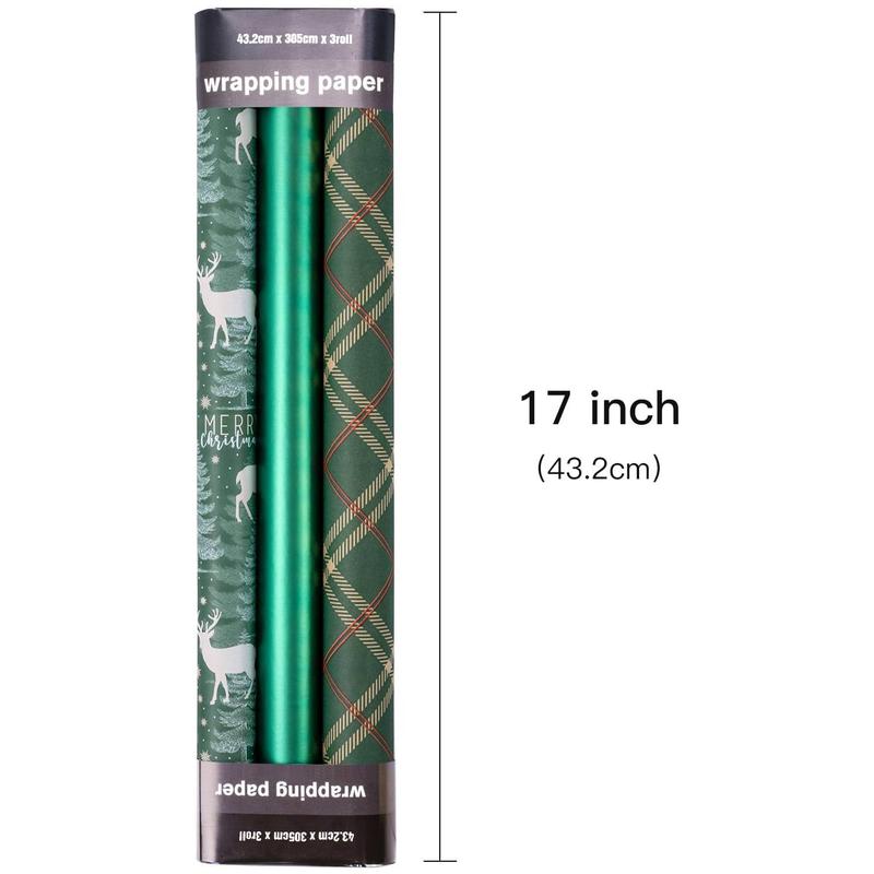 RUSPEPA 3 Rolls Christmas Wrapping Paper Set | Plaid, Solid Colors & Reindeer Christmas Tree Patterns - Ideal for Parties, Decor, Gift Wrapping, DIY Crafts, Xmas Gifts, Family Gatherings, Holiday Decor, Festive Wrapping - 17 x 120 inches