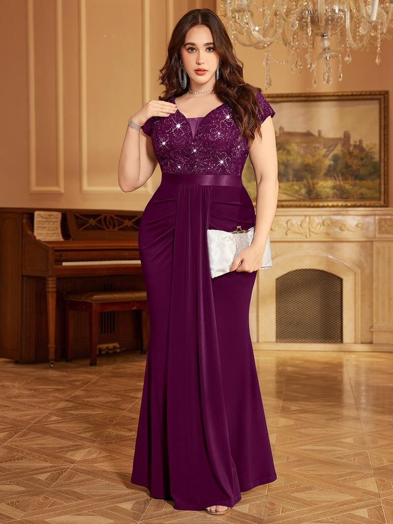 【Plus Size】Missmay P54514A Women's Plus Size Elegant Double V Neck Sequin Lace Contrast Ruched Bodycon Mermaid Hem Homecoming Brithday Wedding Guest Formal Party Maxi Dress