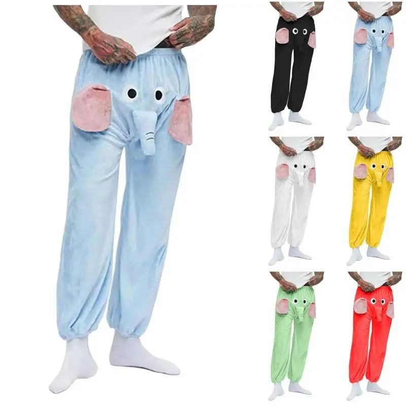 Men'S Funny Elephant Flannel Long Pants Casual Relaxed Fit Warm Sleeping Pants Breathable Tie-Foot Trousers Boys Home Clothes Pajama Fabric Loungewear