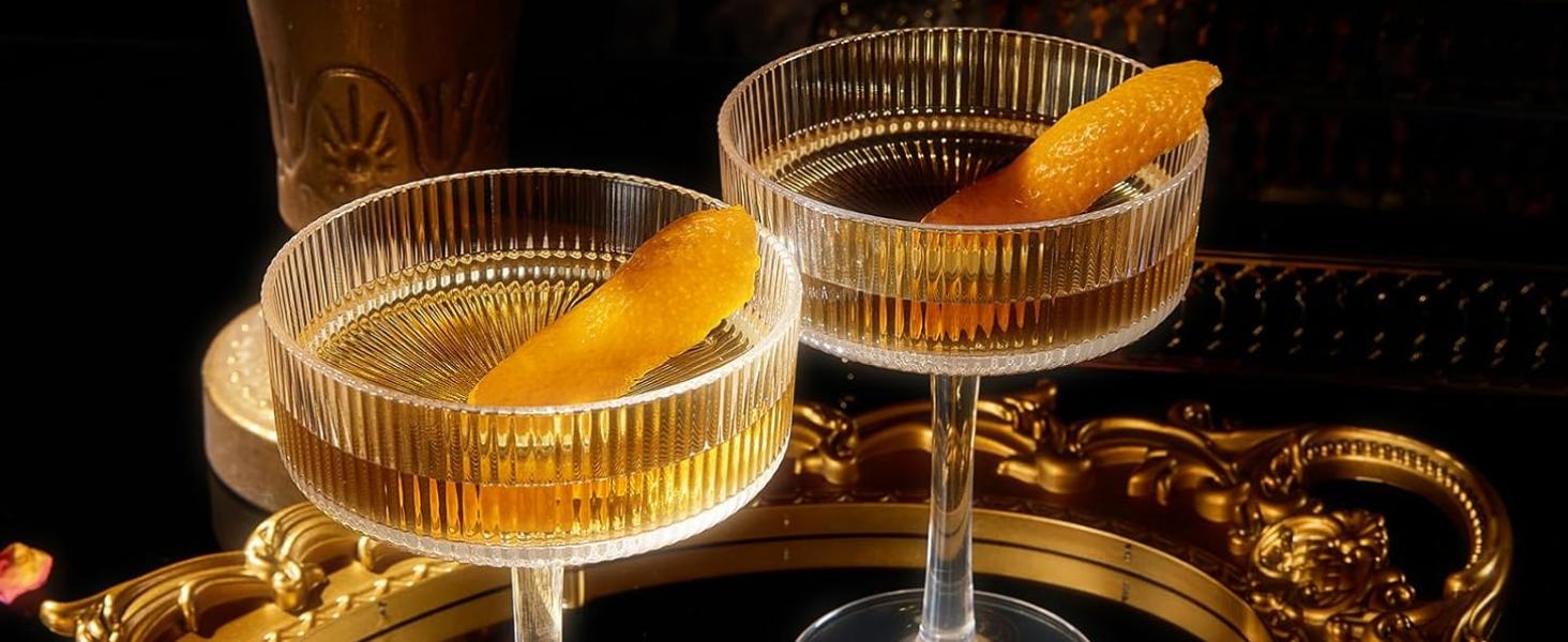 Shatterproof Acrylic Ribbed Vintage Art Deco Martini, Champagne & Cocktail Muted Color Plastic Tritan Coupe Glasses | Set of 6 | 8 oz Ripple Glassware Classic Cocktail Indoor & Outdoor, European Style