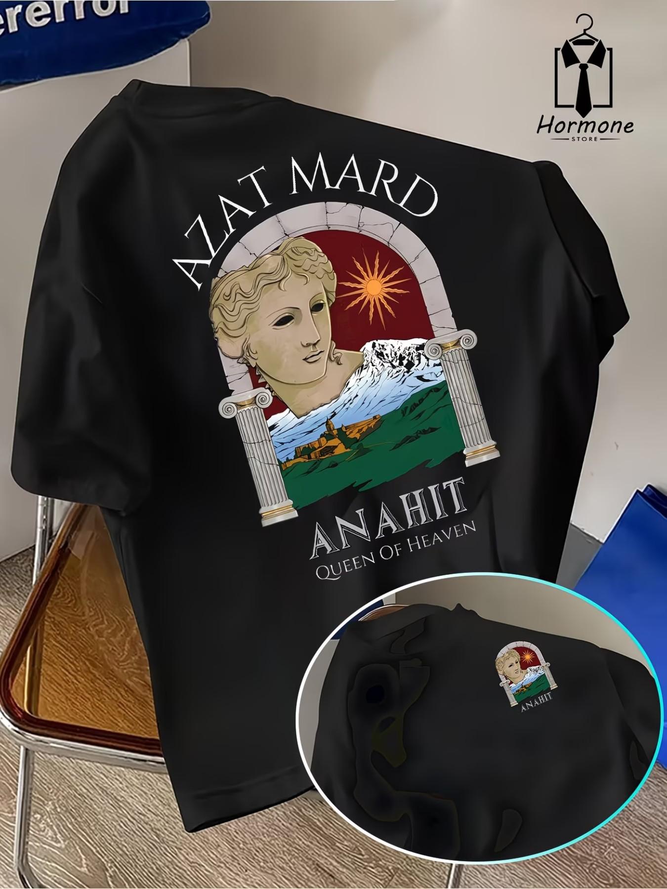 Artistic Greek Mythology T-Shirt, Azat Mard & Anahit Print, Casual Round Neck, Fitted Long Sleeve, Polyester Material