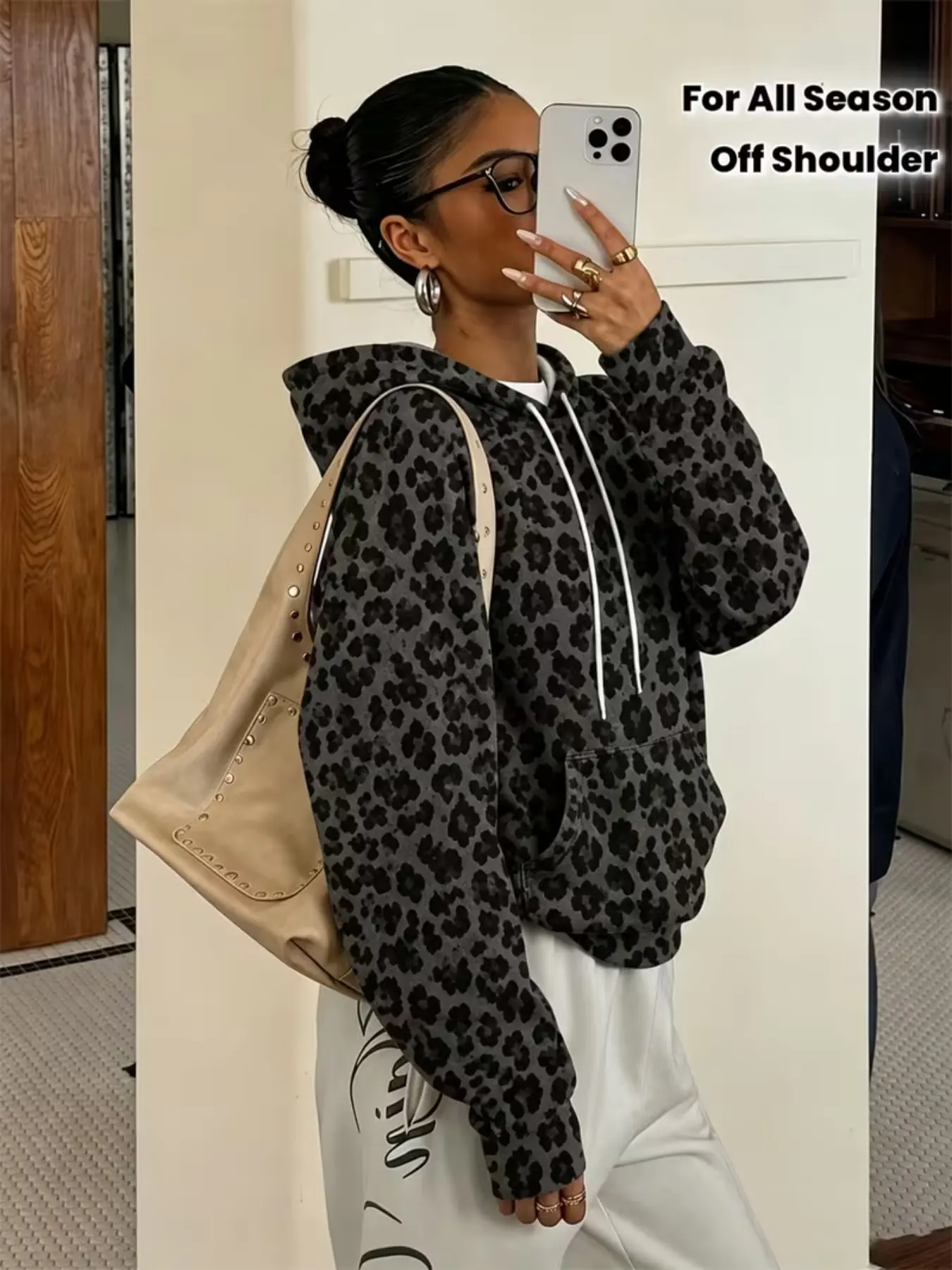 Women's Vintage Leopard Print Hoodie, Casual Slim-Fit Sweatshirt with Drawstring and Pocket, Fall Streetwear Top for Daily Wear