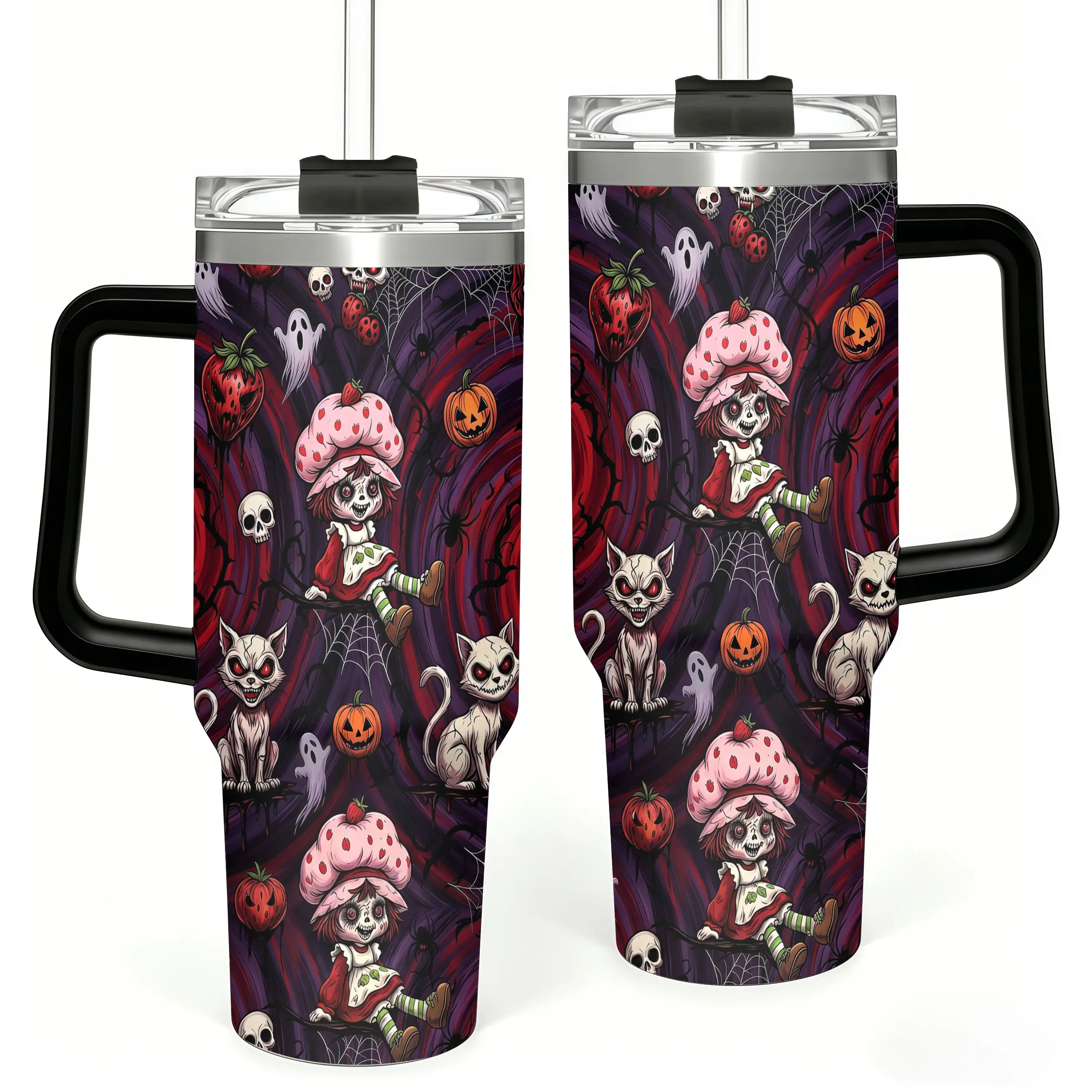 Creepy Horror Strawberry Doll Tumbler with Handle, Dark Gothic Skull Cat Travel Mug, Evil Strawberry Halloween Cup, 20oz 40oz Stainless Steel Tumbler, Gift for Horror Lovers, Creepy Cute Car Mug