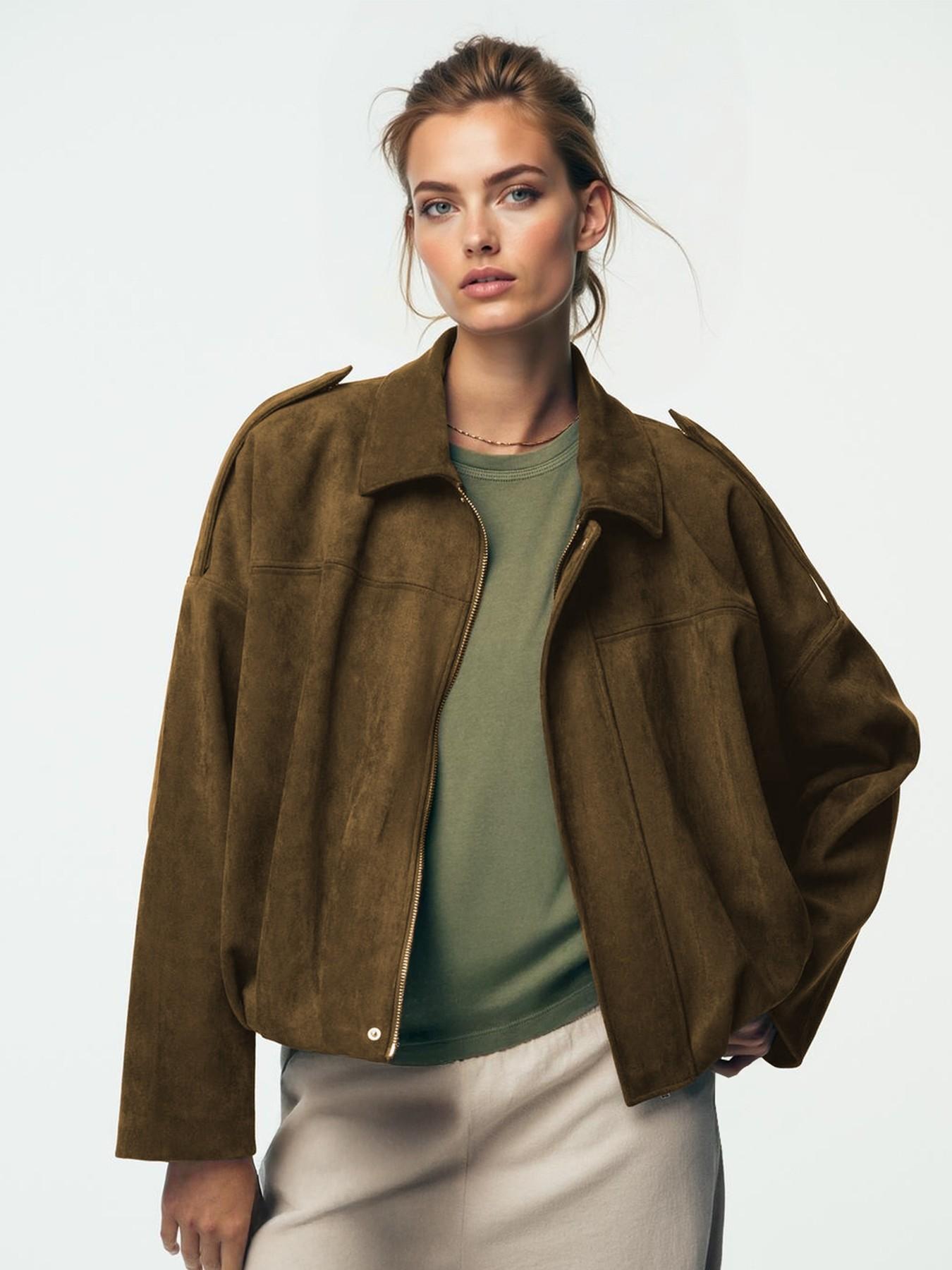Women's Faux Suede Cropped Casual Jacket, Lapel Collar Loose Drop Shoulder Zip Up Casual Outerwear
