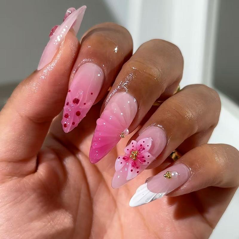 24Pcs Mid-length Gilded Almond Nails Set Press on 3D Flower Gradient Pink Full Cover False Nails Tips Pearl Reusable Fake Nails