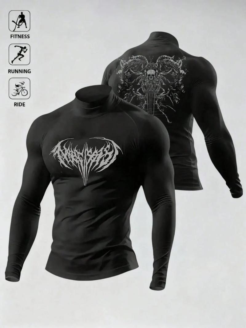 Men's High Elastic Performance Top, Gym Workout Shirt, Gothic Print, Moisture-Wicking Fabric, Ideal for Powerlifting, Daily Sports, Casual Wear