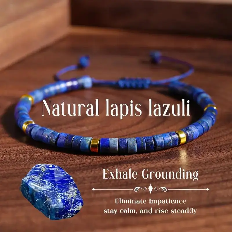 Wealth & Good Fortune Bracelet Lapis Lazuli Beaded Bracelet for Men & Women, Adjustable Blue Stone Cord Bracelet with Gold-Tone Spacer Accents, Unisex Boho Jewelry for Daily Wear, Layering, Travel, Birthdays and Gifts