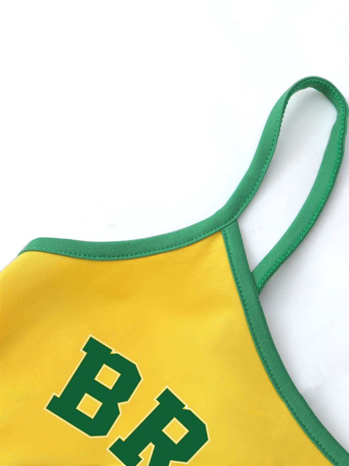 Women's Brasil Print Crop Cami Top, Yellow Green Brazil Flag Y2K Tank Top for Streetwear