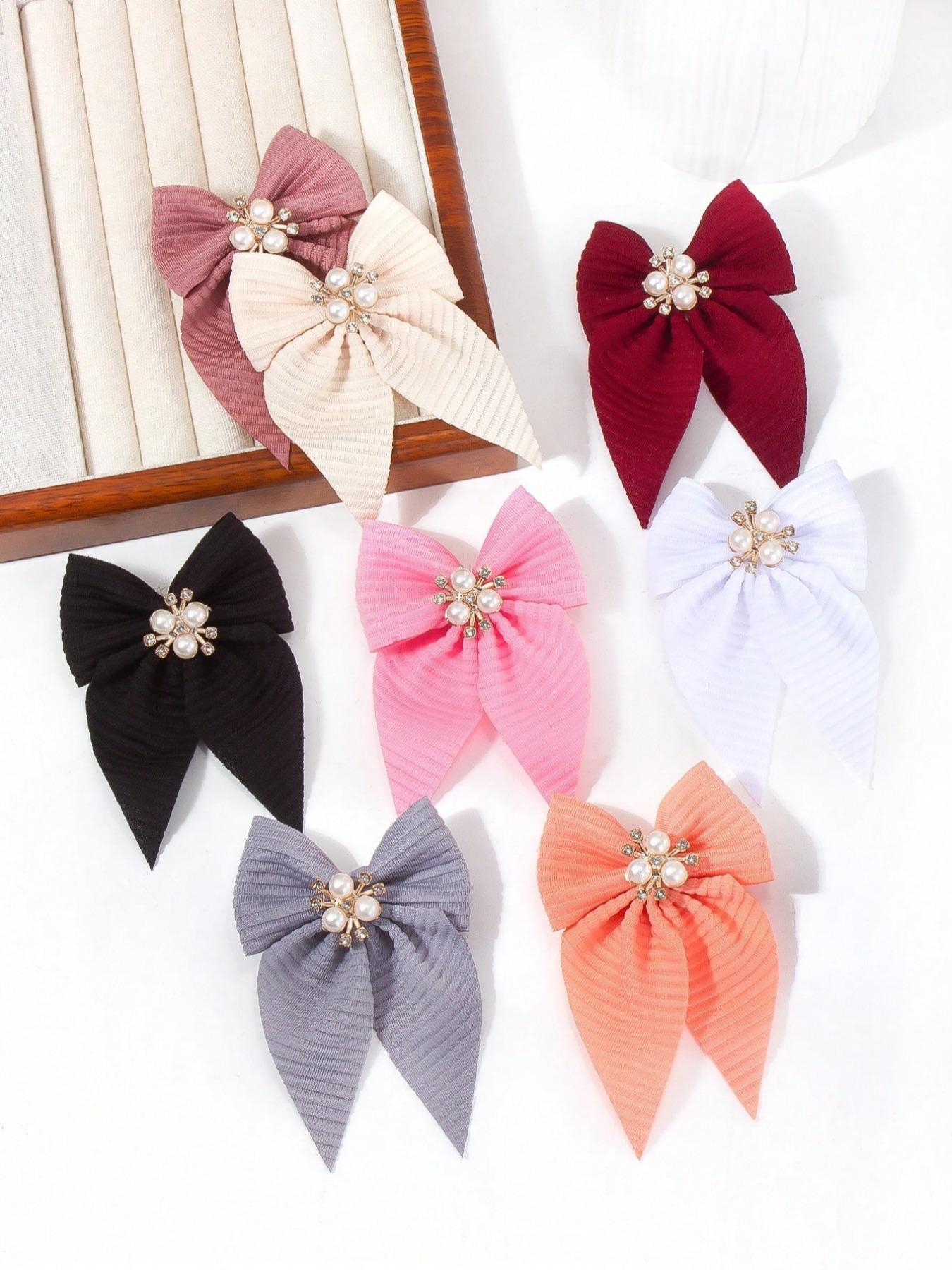 8pcs/Set Girls Solid Color Textured Bow Pearls Crystal, Elegant Princess Hair Accessories Sets For Daily Use