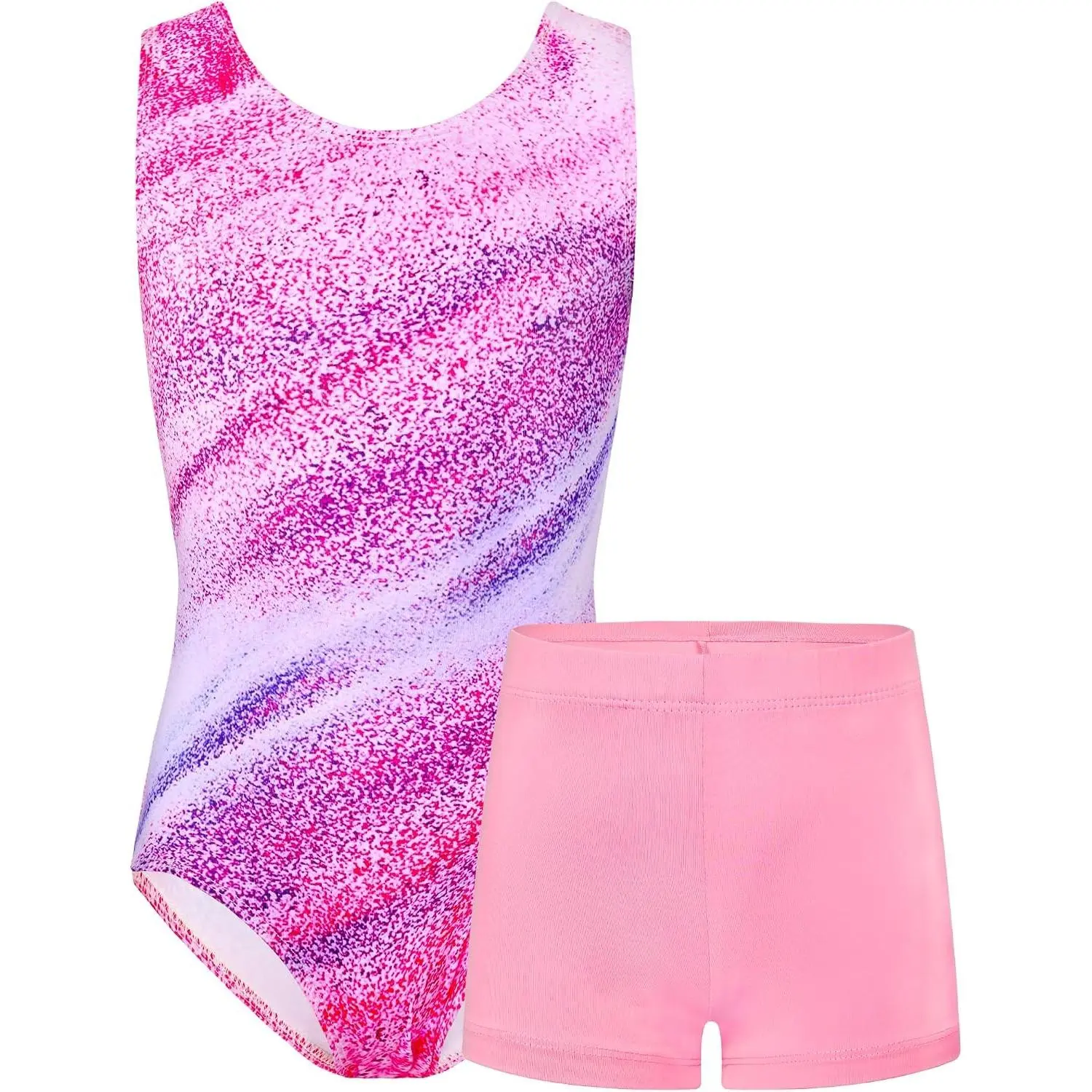 Girls Sleeveless Gymnastics Leotards with Matching Shorts Set | Sparkly Tumbling Biketards, 4-Way Stretch for Practice & DanceGift