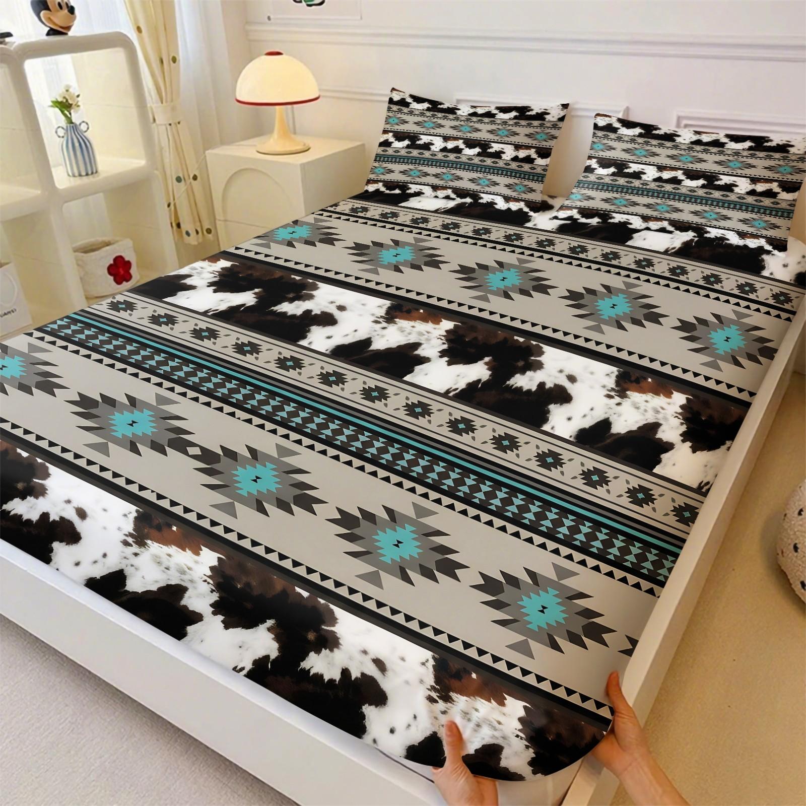 3Pcs Western Aztec Cow Print Fitted Sheet Set with 2 Pillowcases, Southwestern Turquoise Geometric Deep Pocket Elastic Mattress Cover, Boho Cowhide Tribal Bedding, Soft Microfiber Non-slip Bedspread, Printed Bedding Set for Bedroom Decor Bedset