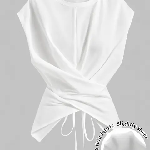 Women's Knitted Round Neck Drop Shoulder Sleeve T-Shirt, Fashion Casual Minimalist Asymmetrical Ruched Cross Cutout Back Tie Adjustable Top, Womenswear Fit, Casual Basic All Season Top