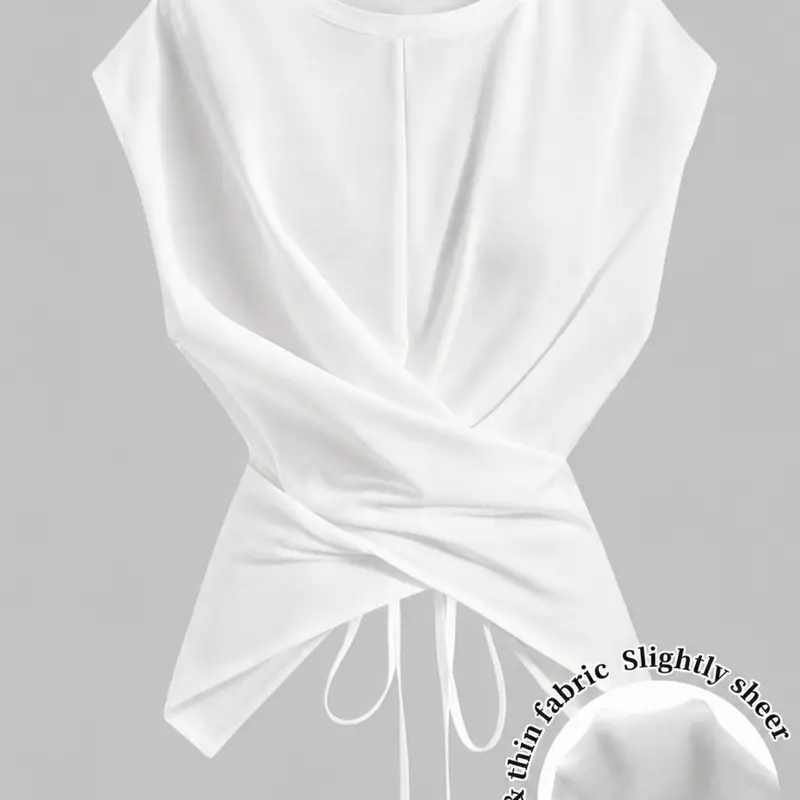 Women's Knitted Round Neck Drop Shoulder Sleeve T-Shirt, Fashion Casual Minimalist Asymmetrical Ruched Cross Cutout Back Tie Adjustable Top, Womenswear Fit, Casual Basic All Season Top