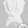 Women's Knitted Round Neck Drop Shoulder Sleeve T-Shirt, Fashion Casual Minimalist Asymmetrical Ruched Cross Cutout Back Tie Adjustable Top, Womenswear Fit, Casual Basic All Season Top