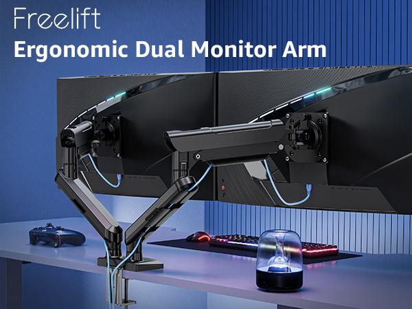 MOUNTUP Dual Monitor Stand fits up to 32 inch, Dual Monitor Desk Mount Height Adjustable, Monitor Arms for 2 Monitors, Home Office VESA Mounts, Freelift Black
