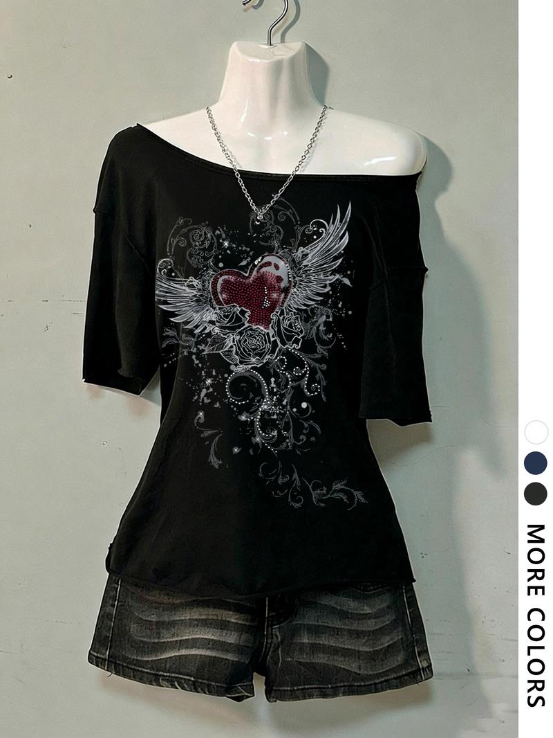 Women's Asymmetrical Neck Digital Print Summer Casual T-Shirt, Vintage Campus Style, Fashion Trend Letter Design Women's Asymmetrical Neck Digital Print Summer Casual T-Shirt, Vintage Campus Style, Fashion Trend Letter Design