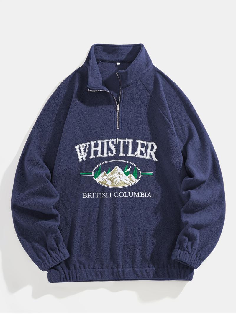 Men's Landscape & Letter Print Zip Front Fleece Sweatshirt, Loose Casual Raglan Sleeve Stand Collar Pullover for Fall & Winter, Men's Clothes for Daily Wear, Winter Fashion Clothing