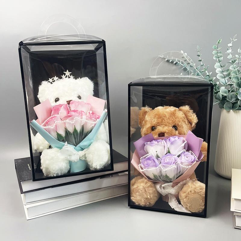 Bear Design Plush Toy with Artificial Flower, 2 Counts Cute Bear Holding Flower Ornament, Desktop Decoration for Home Living Room Bedroom, Gifts