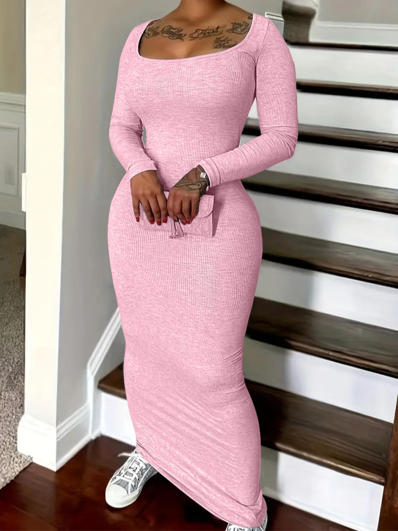 Women's Solid Scoop Neck Ribbed Bodycon Dress, Casual Long Sleeve Long Dress for Fall & Winter, Women's Clothing for Daily Wear
