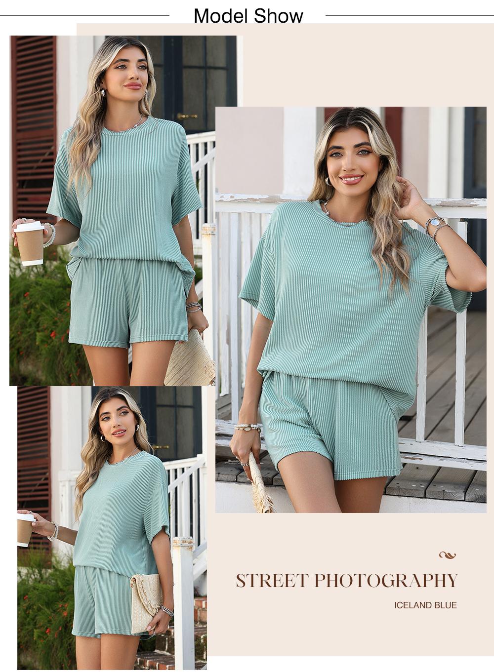 Asvivid Women's Summer Short Sleeve Twisted Thread Shirt & Shorts with Pockets Casual Pajamas Ribbed Textured Outfit Matching Lounge Set