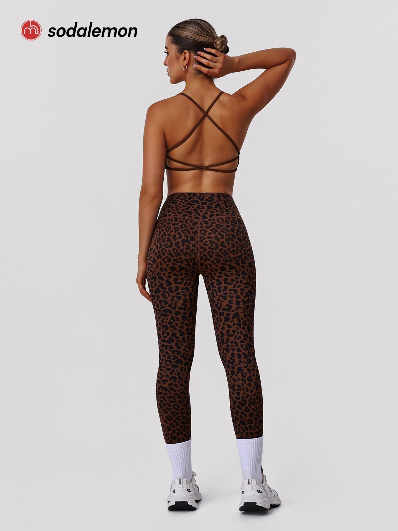 Women's Leopard Print Elastic Workout Set, Backless Sports Bra and Pants, Stylish Fitness Set for All Seasons, Backless Gym Clothes