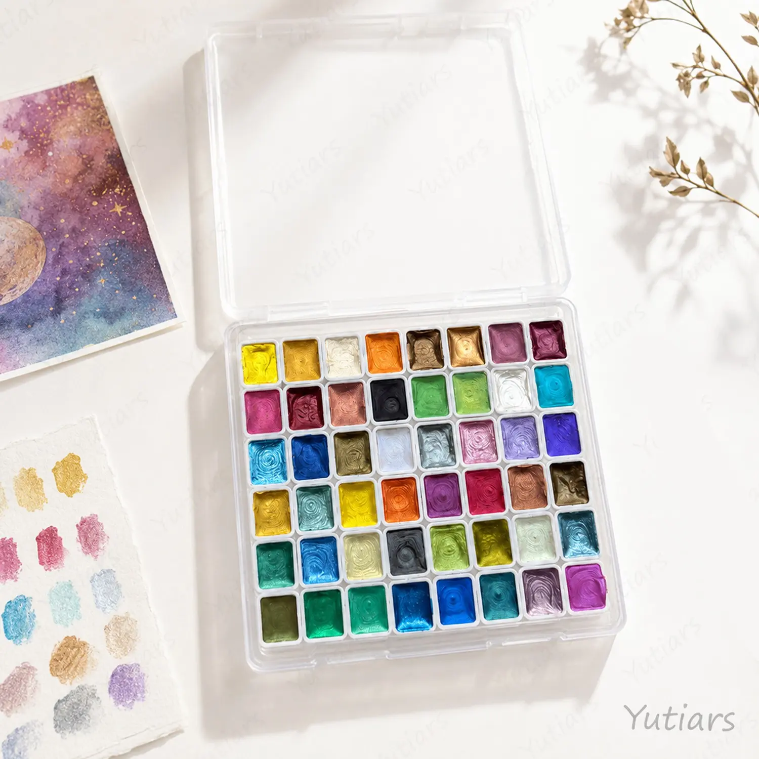 48 Colors Pearl Watercolor Paint Set, Vibrant Shimmer Solid Watercolor Palette with Rich Metallic Pigments for Painting, Sketching, DIY & Illustration