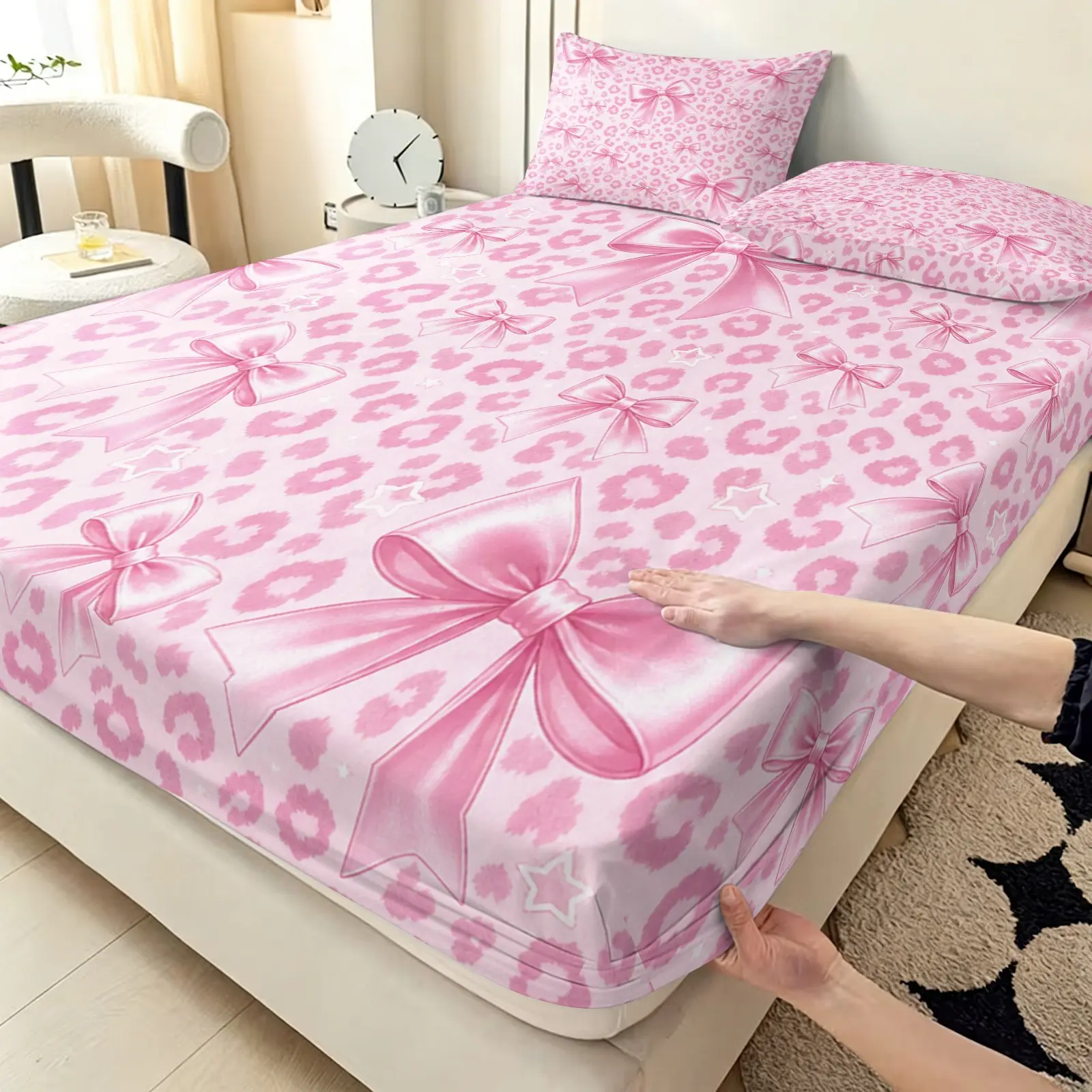 3pcs Butterfly Knot Pink Leopard Print Bedding Set, Breathable Soft Bedding, including 1 bed sheet and 2 pillowcases (without padding), suitable for single beds, double beds, and ideal for bedrooms, dormitories, guest rooms