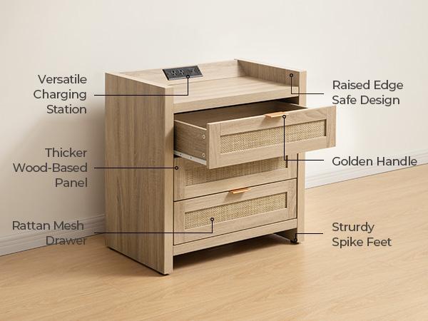 SICOTAS Rattan Night Stand with Charging Station - 24.8”W x 15.4”D x 26.5”H Boho Bedside Table with 3 Mesh Drawers, USB & Type-C Ports, Modern End Table for Bedroom, Living Room, Office , Durable and Stylish