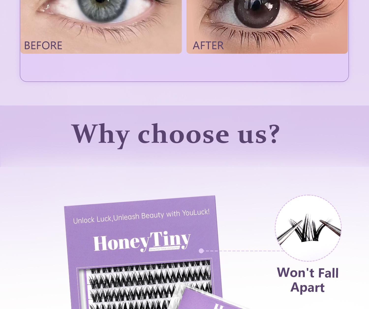 Honeytiny Cluster False Eyelashes, 4 Styles, No Glue Easy Removal, Sizes 10mm-16mm, Lightweight, Secure Fit, Self-Adhesive, Perfect Makeup