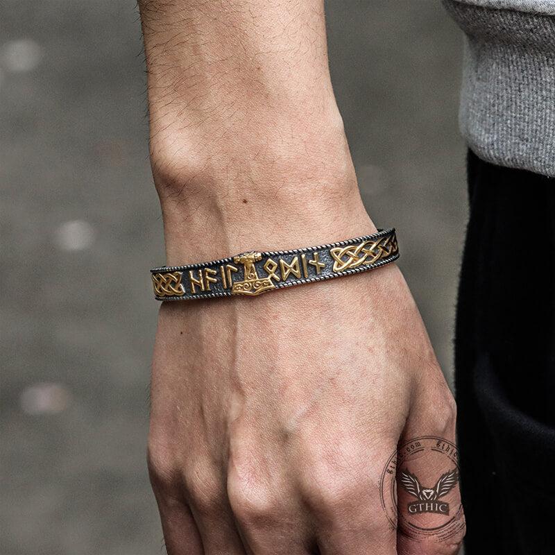 GTHIC Celtic Knot Mjolnir Runes Stainless Steel Cuff Bracelet For Man Viking Jewelry Personalized Gift