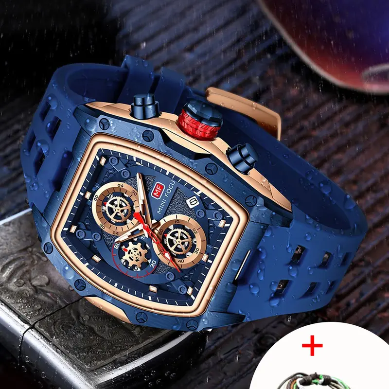 Men's Sporty Barrel Shaped Quartz Watch, Luminous Analog Watch, Fashionable Luminous Waterproof Watch with Silicone Strap, Trendy Watch with Date Display Function for Daily Life, with Box