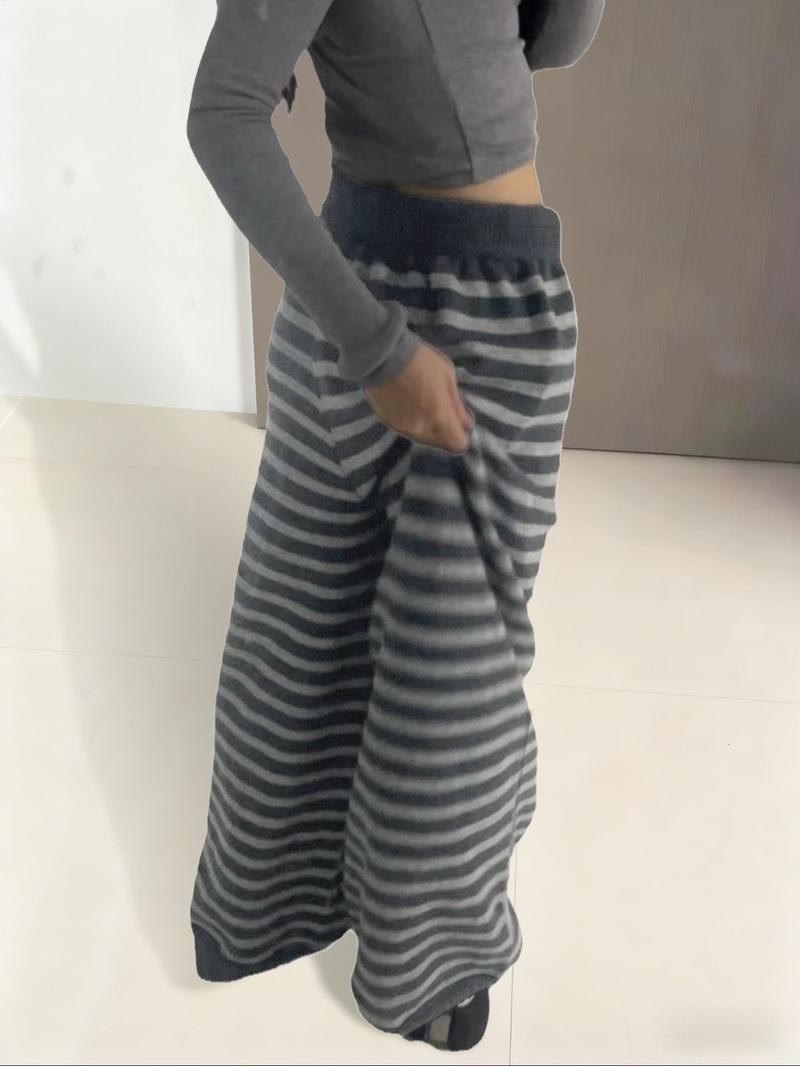 Women's casual loose plaid wide leg pants, autumn and winter elastic stripes, drawstring, loose hanging, comfortable and fashionable women's wide leg pants